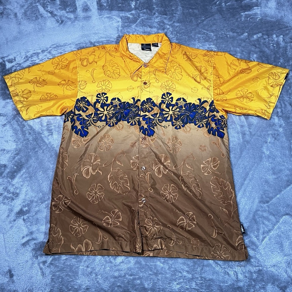 No Fear Shirt Men Size XL Yellow Brown Floral Hawaiian‎ Button Up